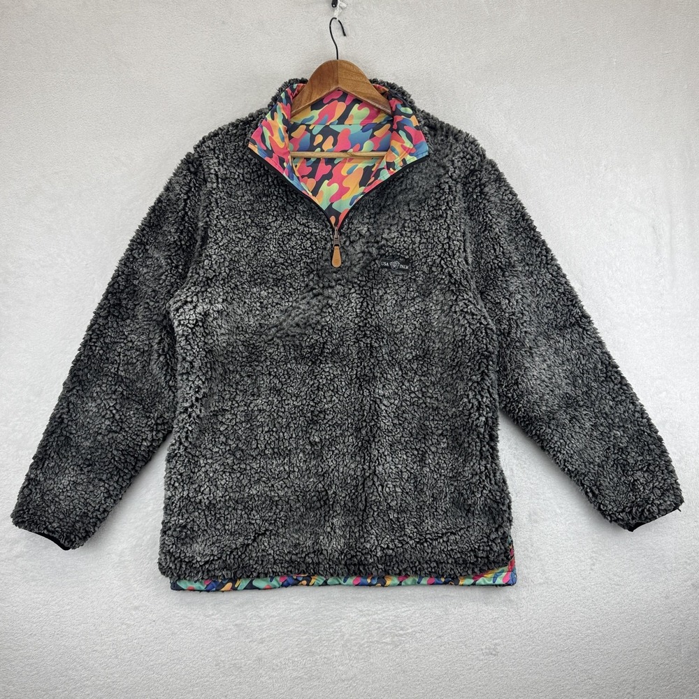 USA Palm Reversible Sherpa‎ Fleece Quarter Zip Pullover Mens Medium Gray Camo